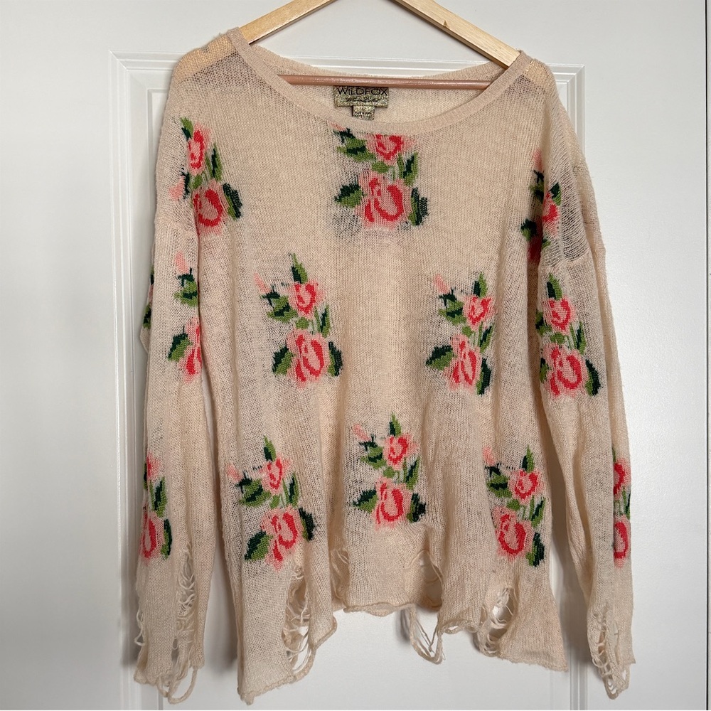 Wildfox-Women's Oversized Destroyed Rose Sweater- Pink- OVERSIZED S